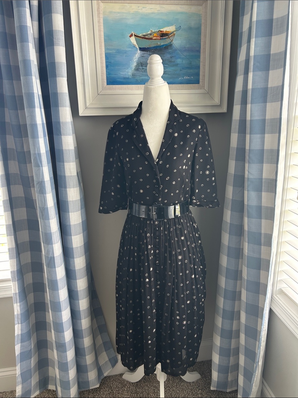Anne Klein Black Polka Dot Midi Shirt Silk Dress with Belt